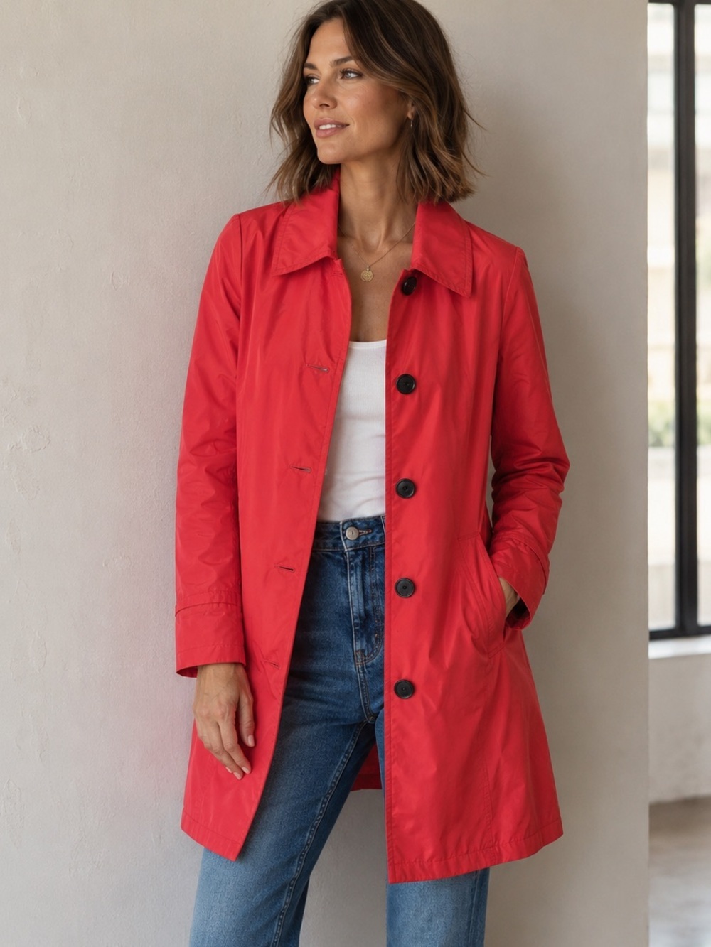 Lands’ End Coral Mid-Length Trench Rain Coat Jacket sz XL